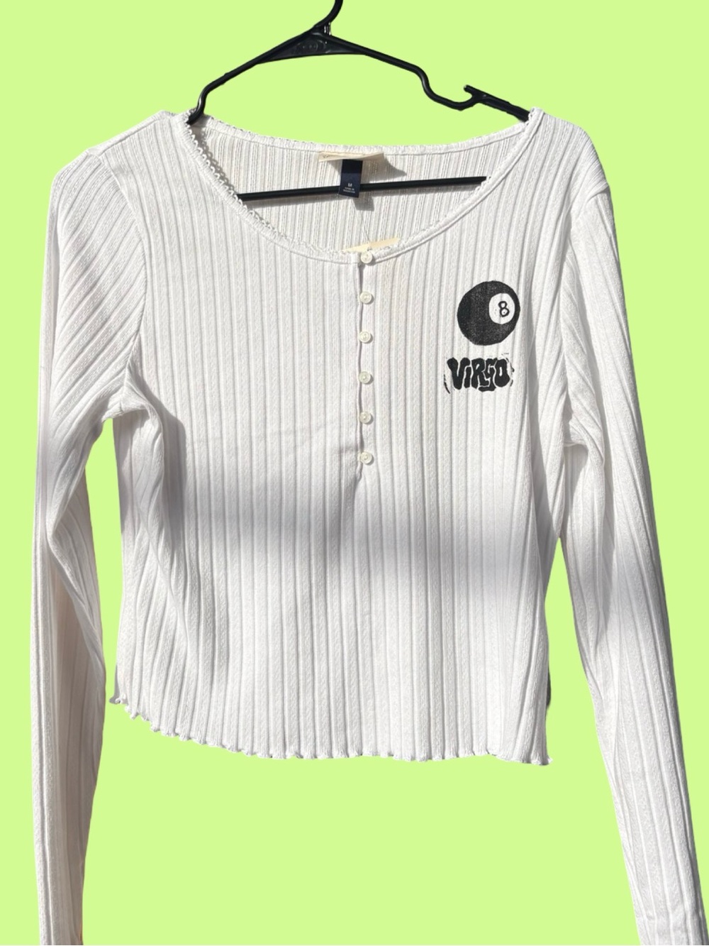 White Ribbed Henley Long Sleeve Top with 8-Ball Virgo Custom Hand Printed Size M